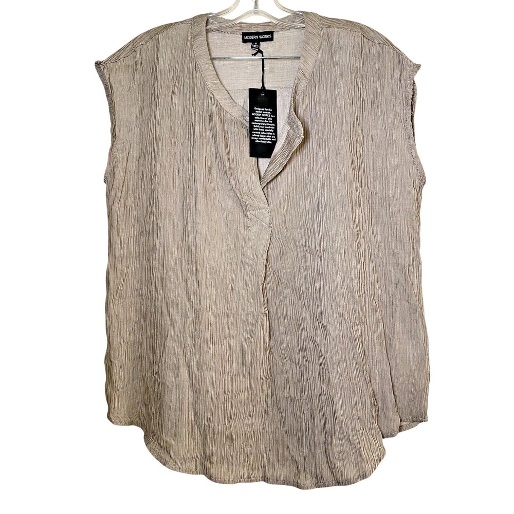 Modern Works Womens Small Taupe Plissé Textured V-Neck Sleeveless Blouse Top NWT